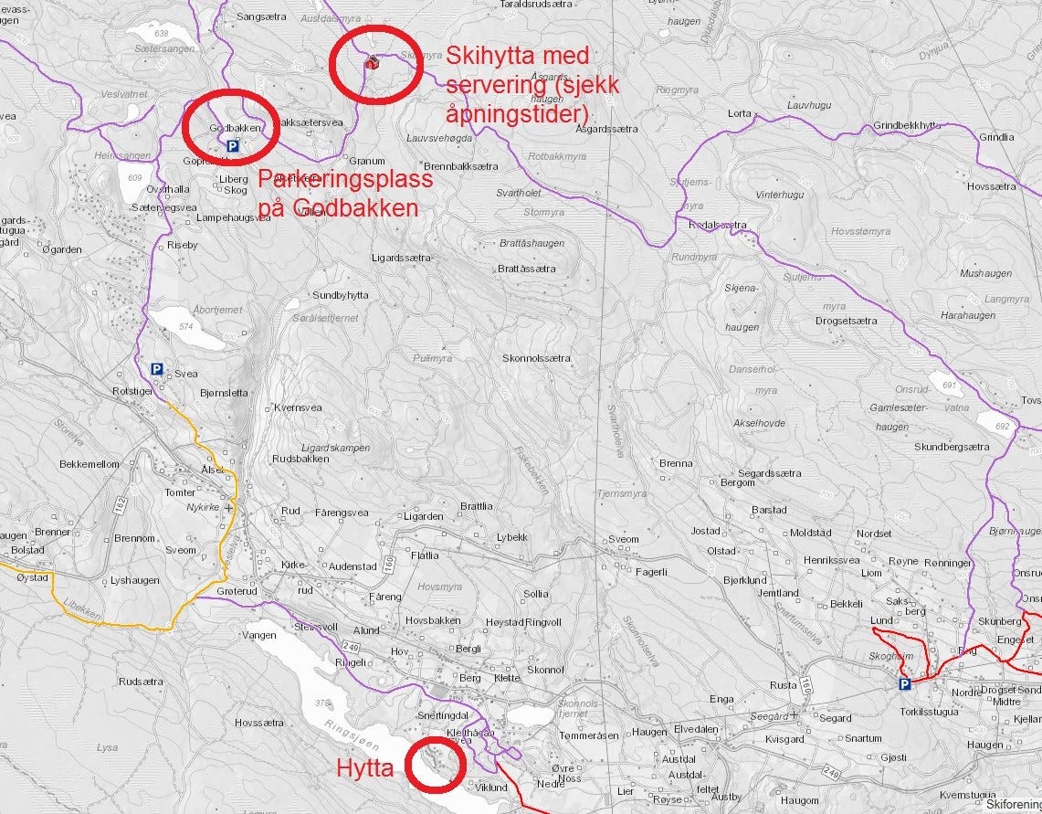 Kjent blant lokale som en flott skitur fra parkeringsplassen på Godbakken til Skihytta. Ca. 12 minutters kjøretur fra hytta. Deretter 3 km på ski til Skihytta. Populært blant lokale. Galleribilde