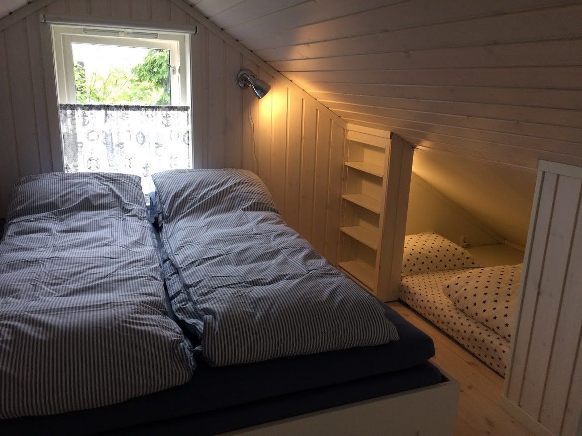 2 soverom på loftet med 2 ekstra senger hver under skråtak. Galleribilde