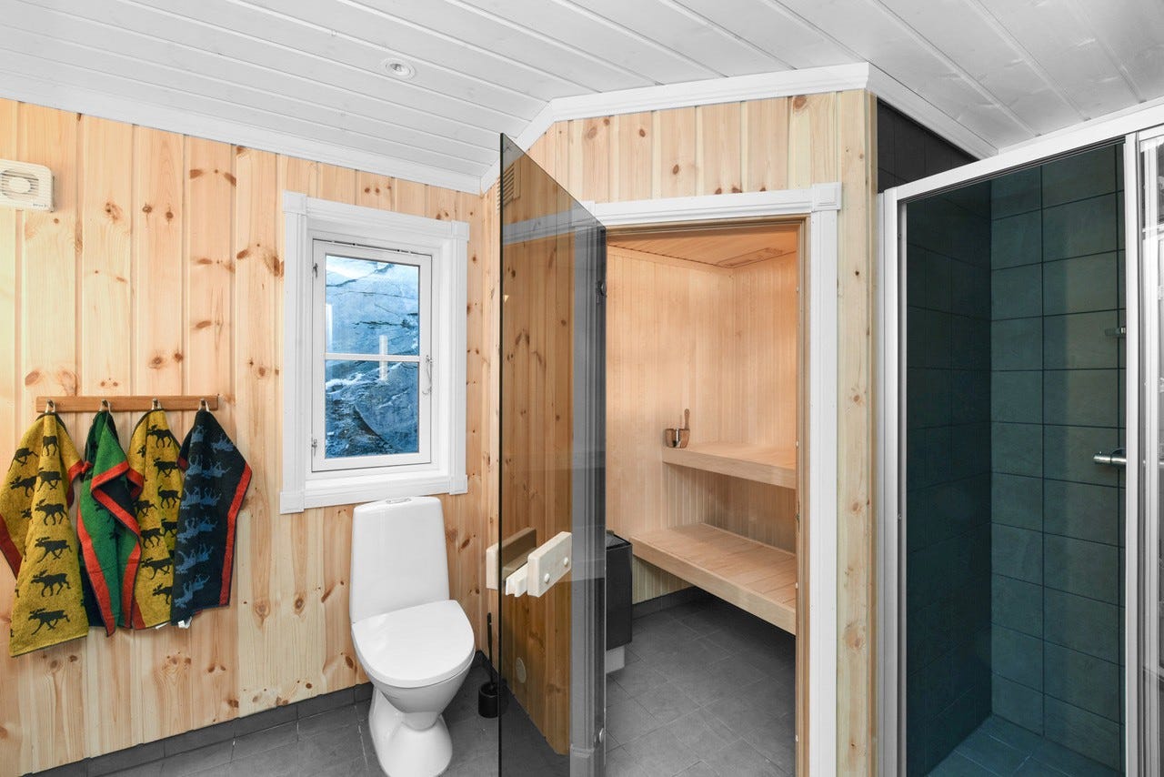 To store toaletter med dusj, såpe, hårføner og ett med badstue Galleribilde