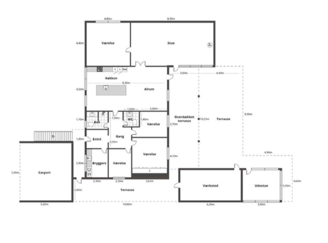 Fire soverom, vaskerom, wc, bad, kjøkken/spisestue, stue, hagestue, utvendig bod og dobbel carport. Galleribilde