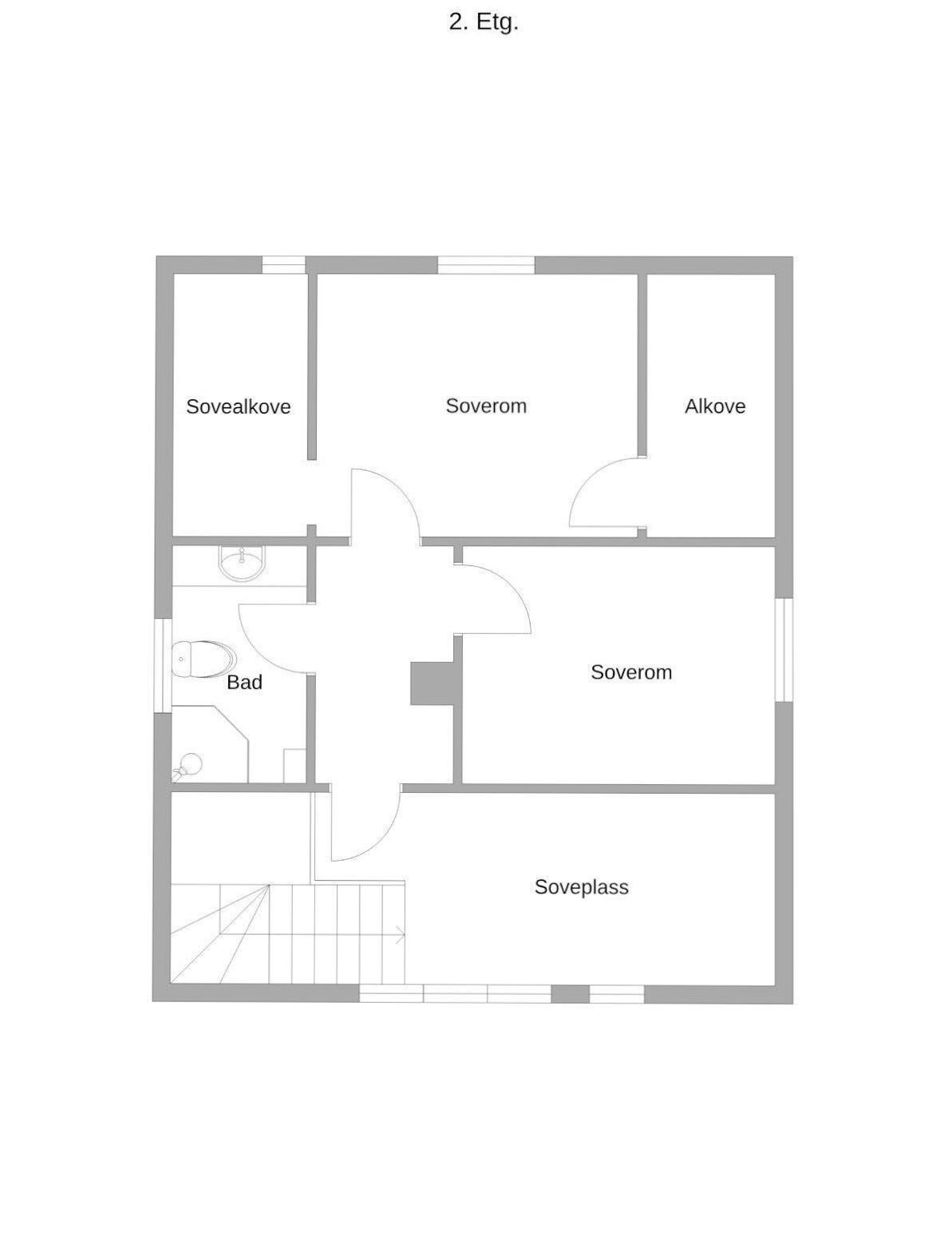 Plantegning 2. etasje.
Huset er i to etasjer, og trappen er ikke barnesikret. Galleribilde