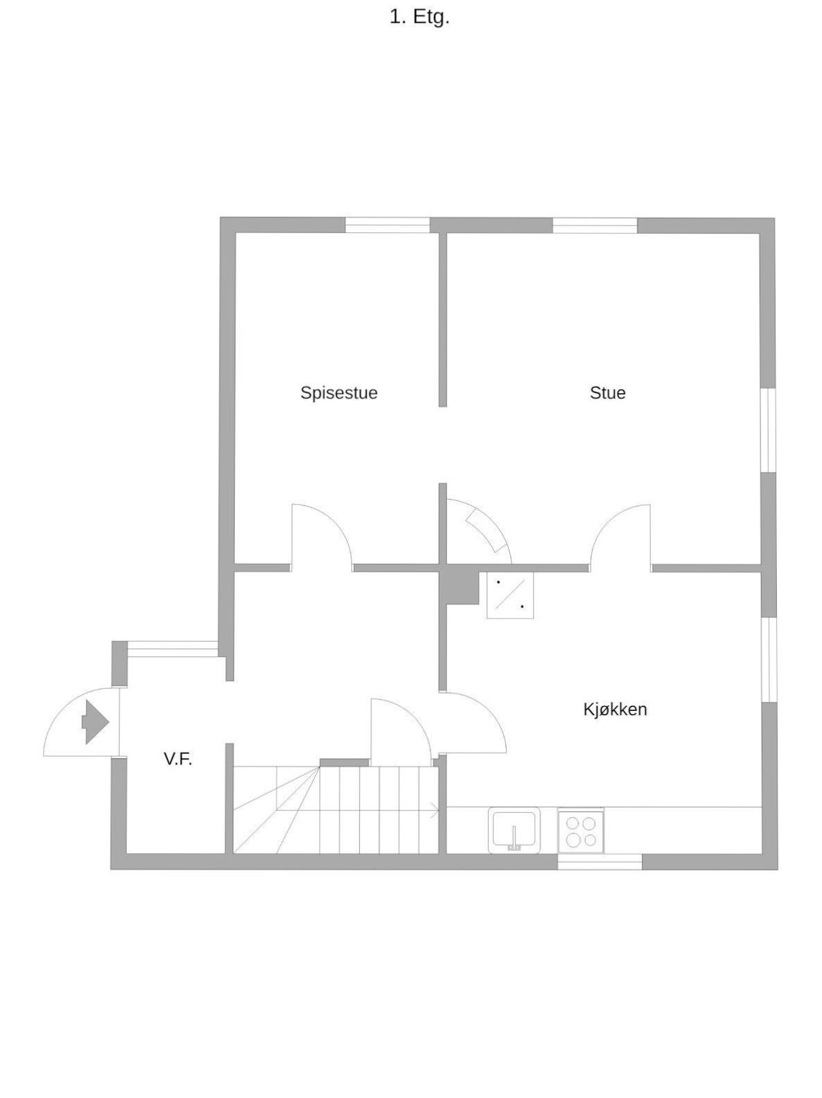 Plantegning 1. etasje. Spisestuen på tegningen er omgjort til et soverom. (Se også plantegninger av 2.etasje og anneks) Galleribilde