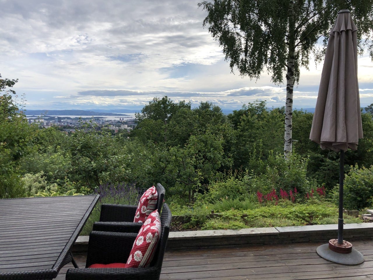 Sol hele dagen, fredelig nabolag, vidstrakt utsikt over byen og fjorden, Holmenkollen og åsene rundt. Galleribilde