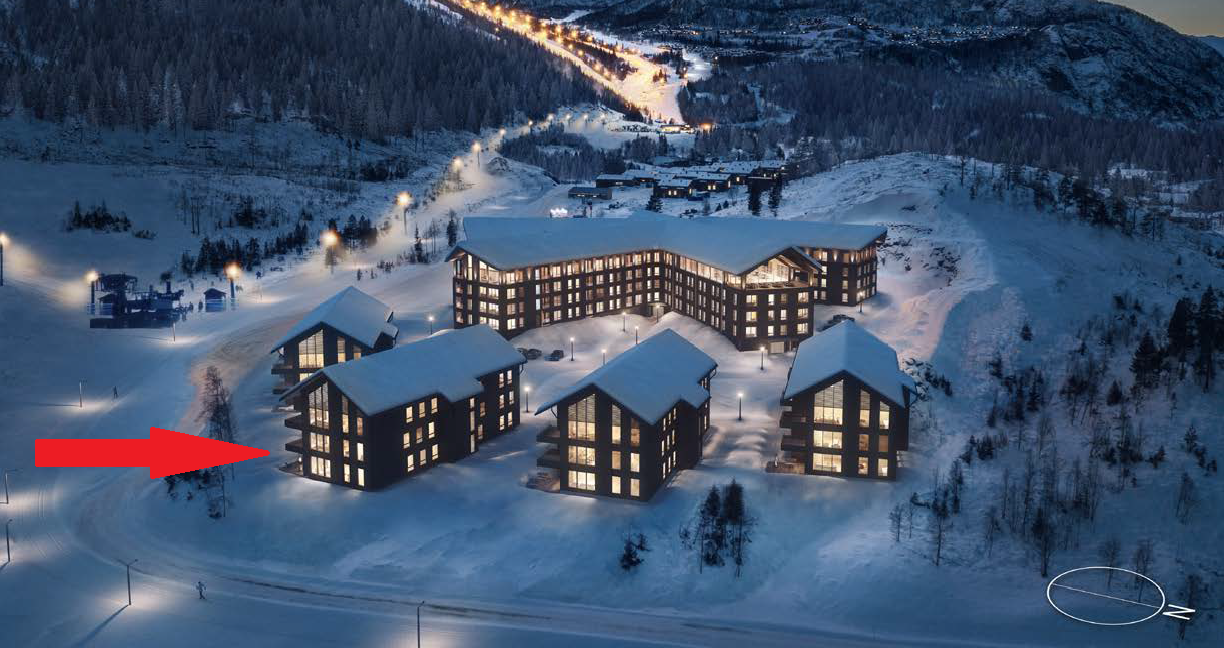 Leiligheten ligger i 2. etg. Innkjørsel til garasje er der pilen er. Galleribilde