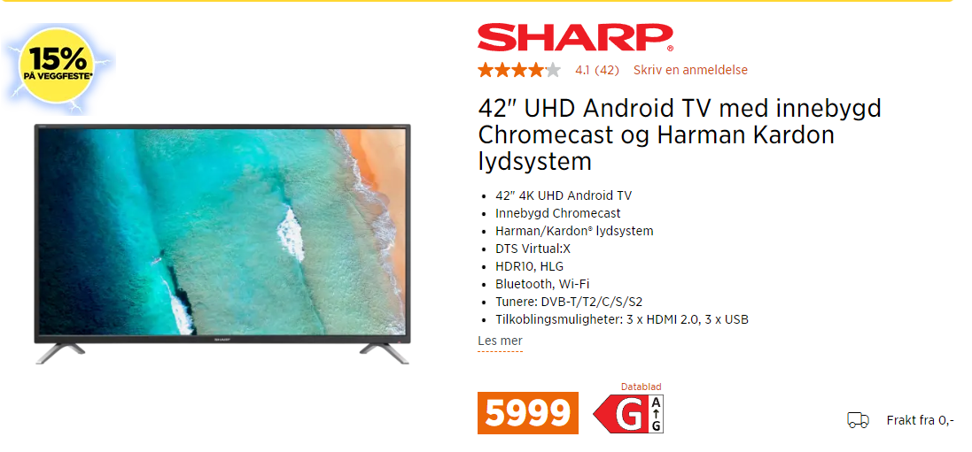 SHARP 42" UHD Android TV med innebygd Chromecast (ubrukt) FINN.no