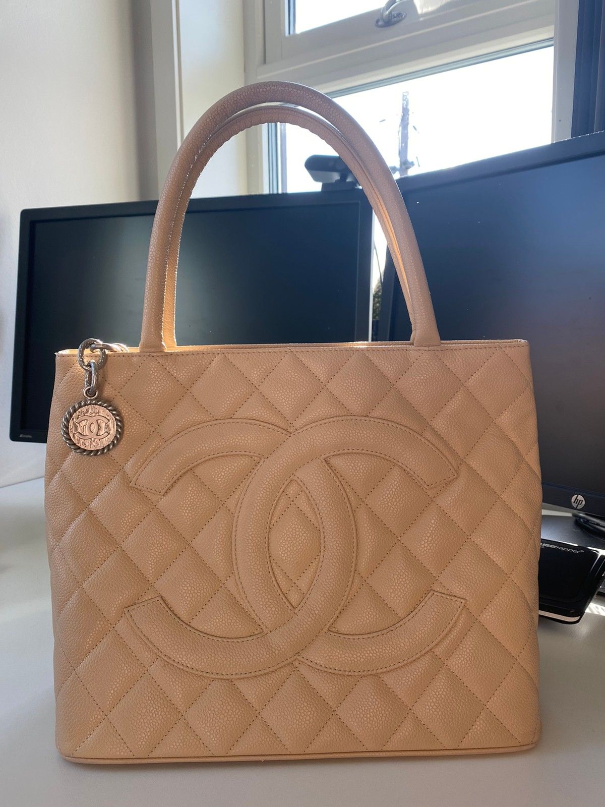 CHANEL MEDALLION Caviar Skin Leather Beige Tote Bag #2540 Rise-on