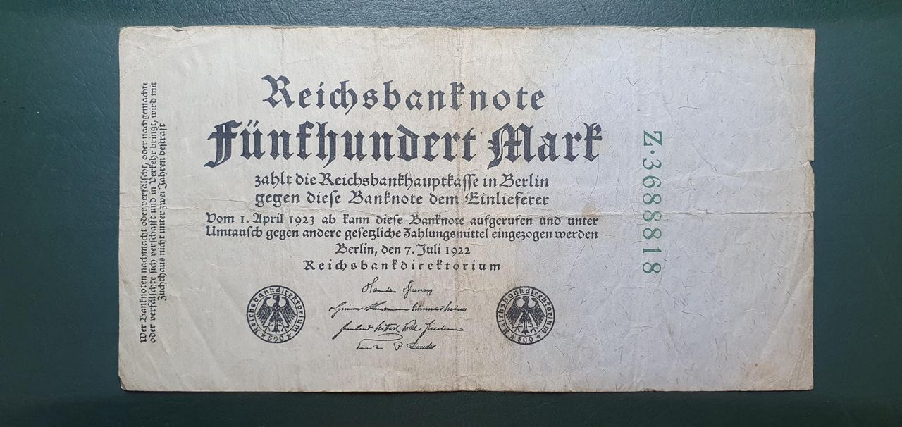 Tysk 500 Mark (1922) Reichsbanknote Seddel | FINN-torget