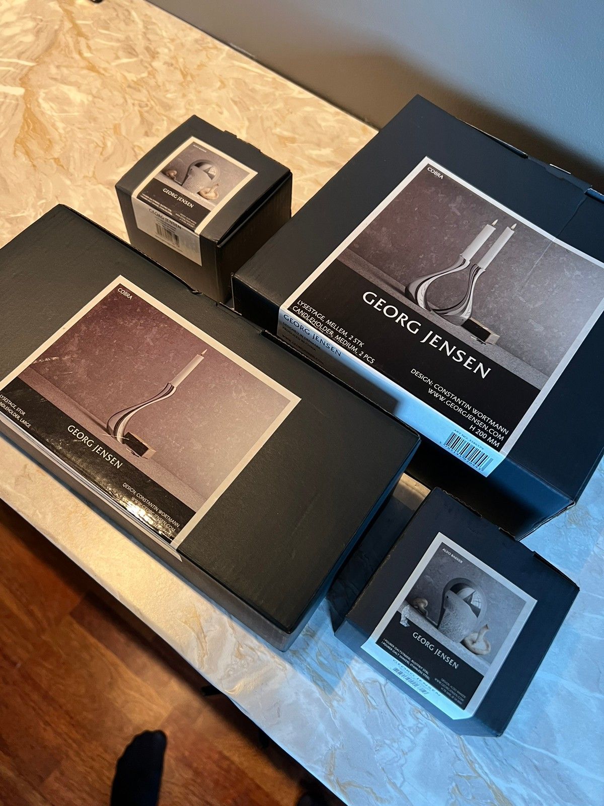 Georg Jensen - lysestaker, to små en større, og salt og pepper