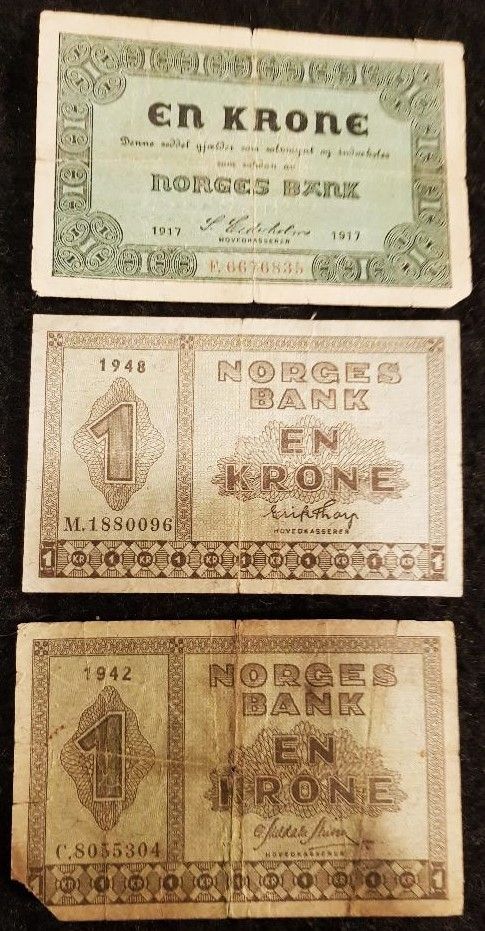 Norge 3 Stk Sedler 1 Krone 1917 1942 Og 1948 Kvalitet 1 Til 1