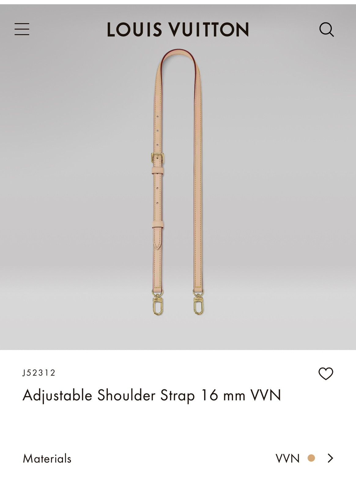 Adjustable Shoulder Strap 16 mm VVN / Louis Vuitton skulderrem til