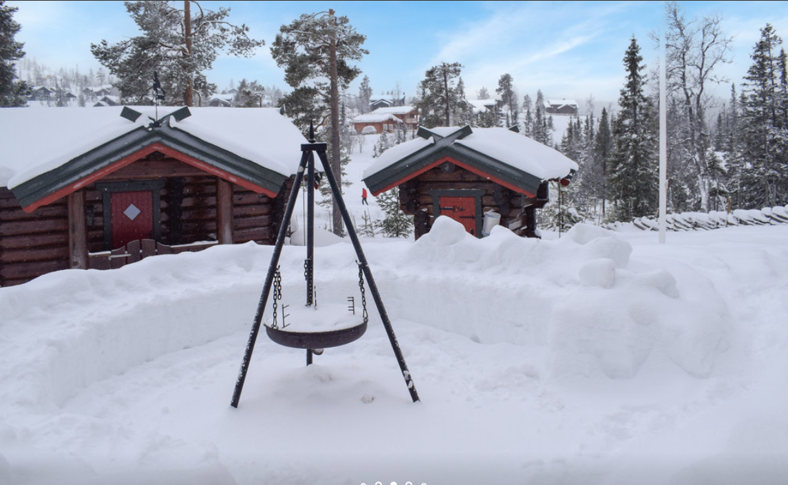 Hyttetun med bålpanne og flaggstang med vimpel Galleribilde