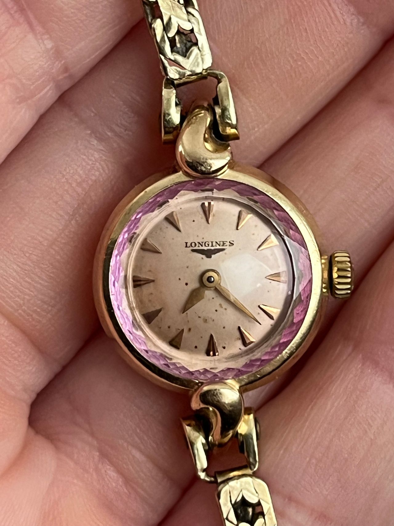 Longines. Vakker vintage luksus klokke. Dame. Gull og rosa. FINN