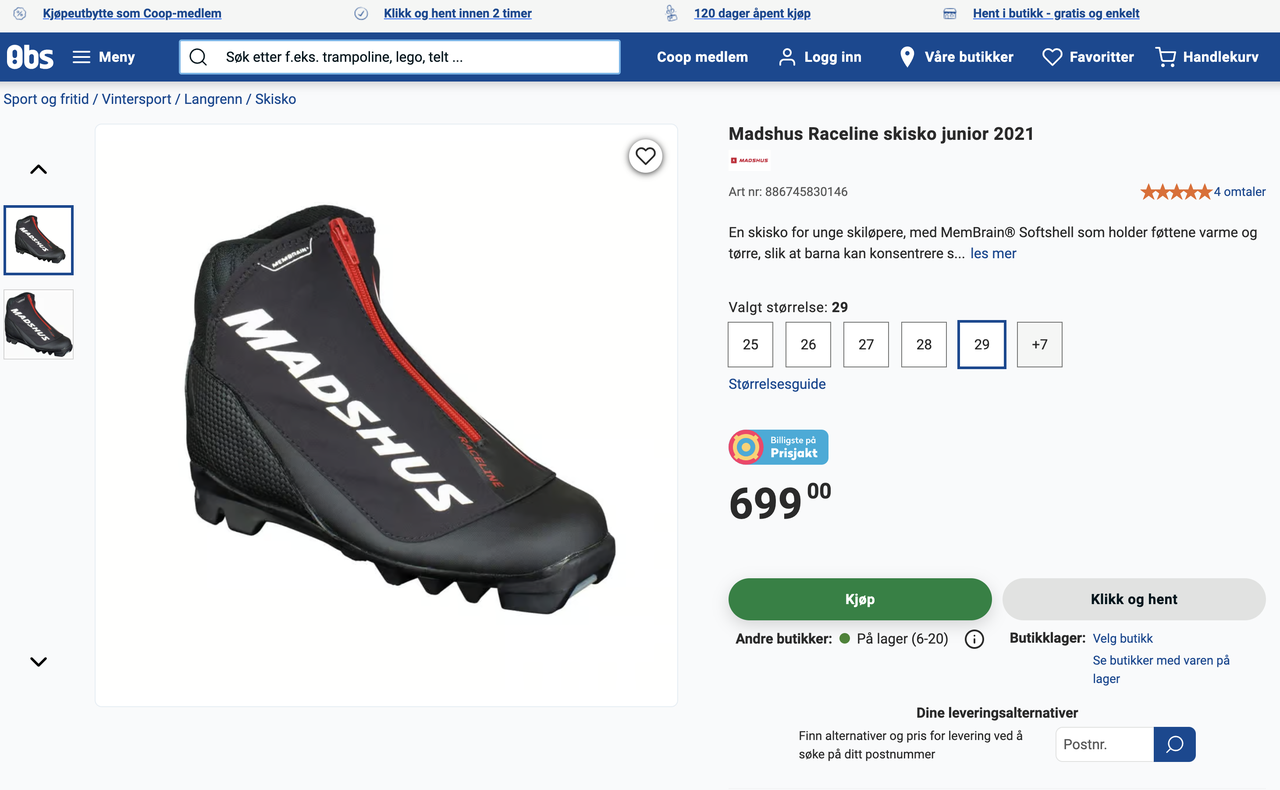 Madshus Raceline skisko (size 29) FINN