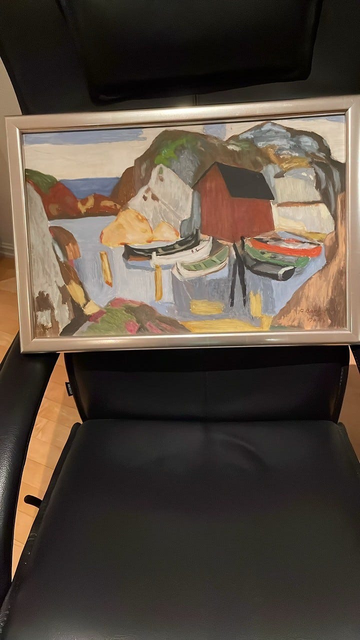 Maleri fra 1967 . Båter og naust | FINN-torget