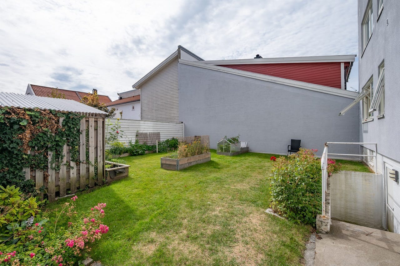 Sameiet har en koselig felles bakgård bestående av gressplen, beplantning og sykkelparkering