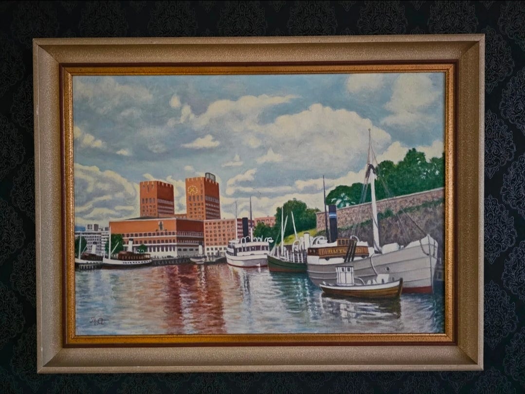 Originalt maleri av Oslo Rådhus og havneliv – signert Th. A – 60 × 80 ...