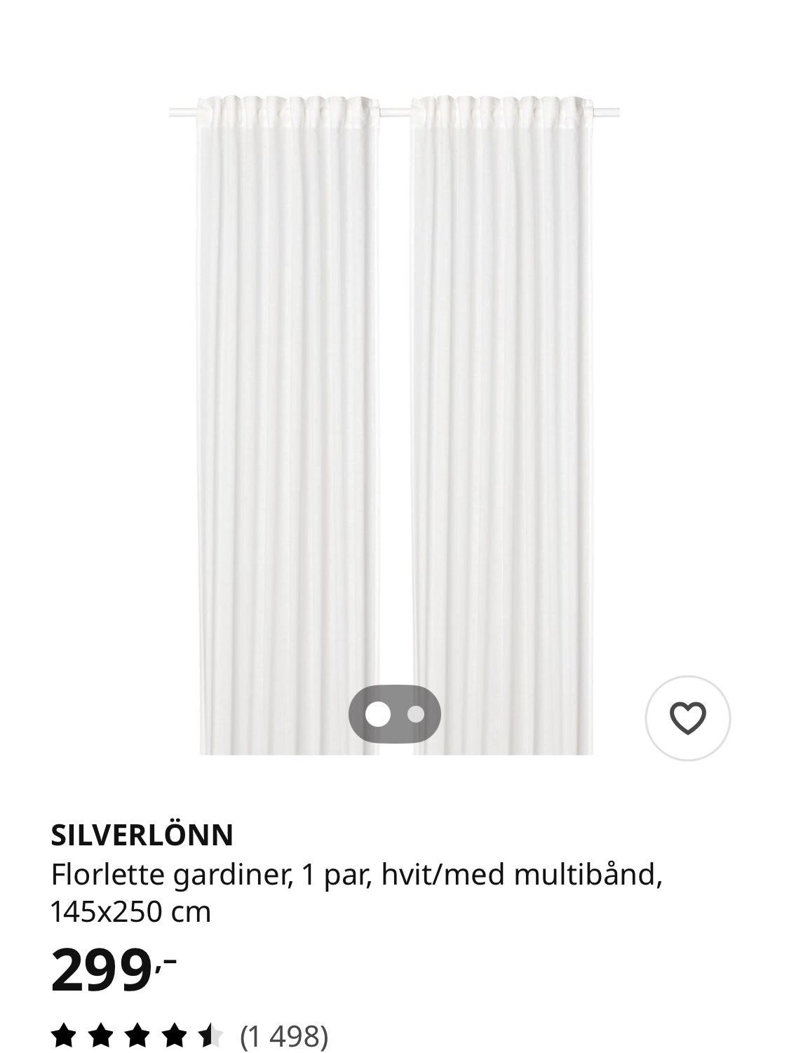 IKEA SILVERLÖNN gardiner hvit 145x250 cm. 2 par | FINN-torget