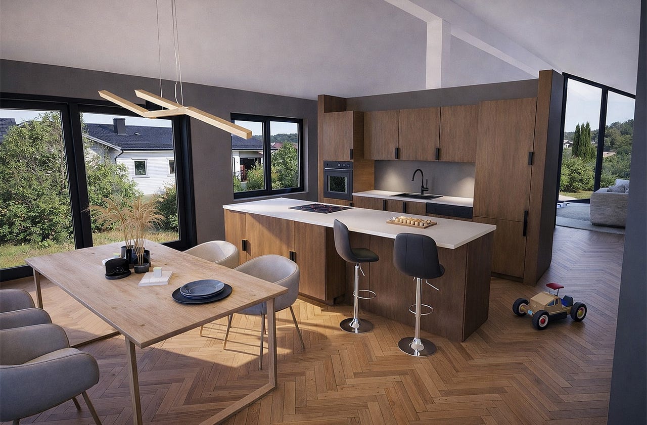 Kjøkkenet er tilpasset slik at det blir delvis åpent mot stuen. Kjøkkenet er dansk design som leveres fra AUBO.