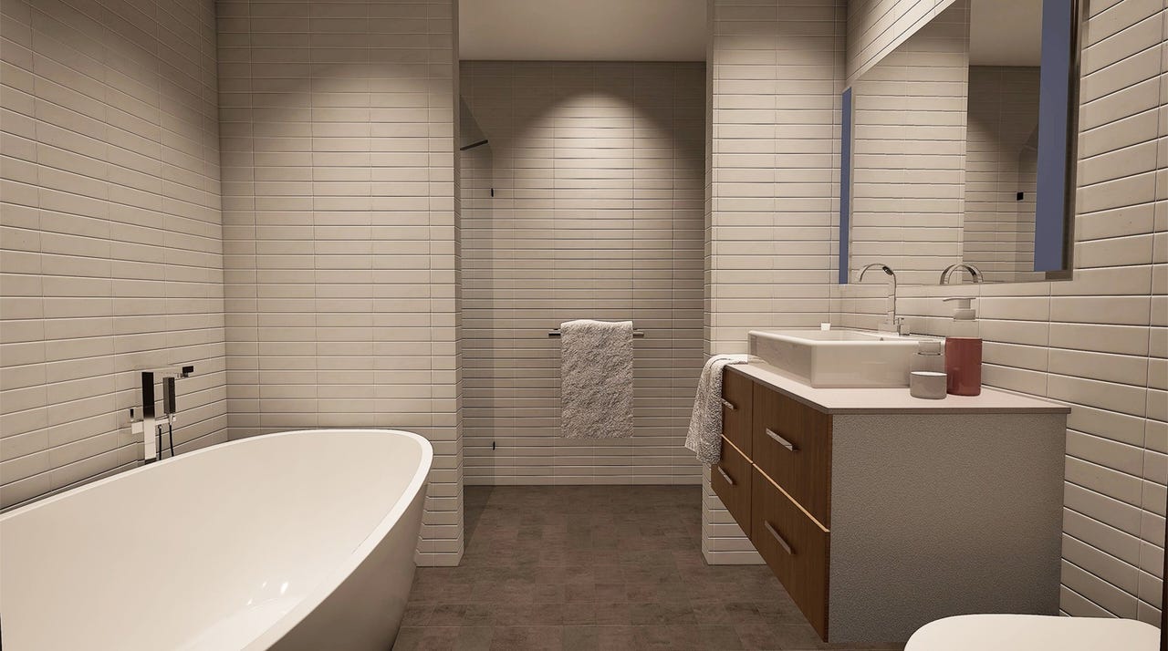 Badet har delvis adskilt el til vaskerom. Her er det også adkomst til hybel om man vil bruke den selv.