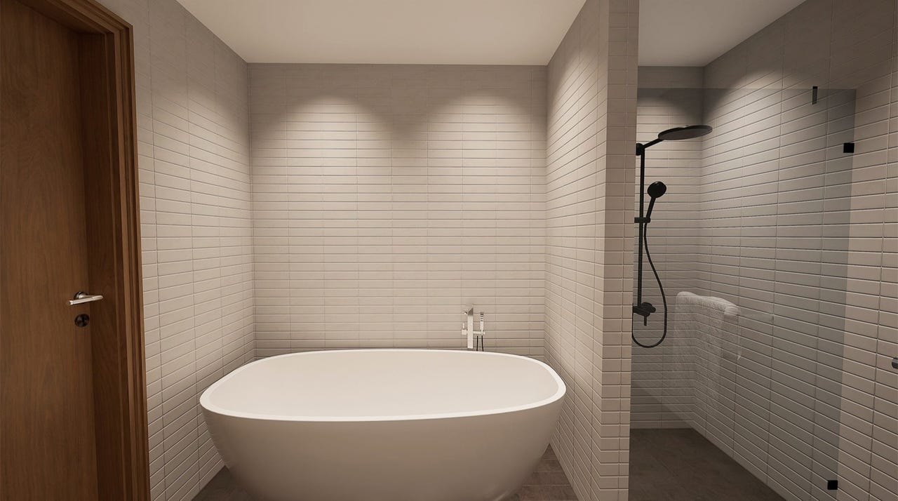 Badet leveres med badekar, 100 cm. baderomsinnredning, dusjnisje og wc. Downlights i tak.