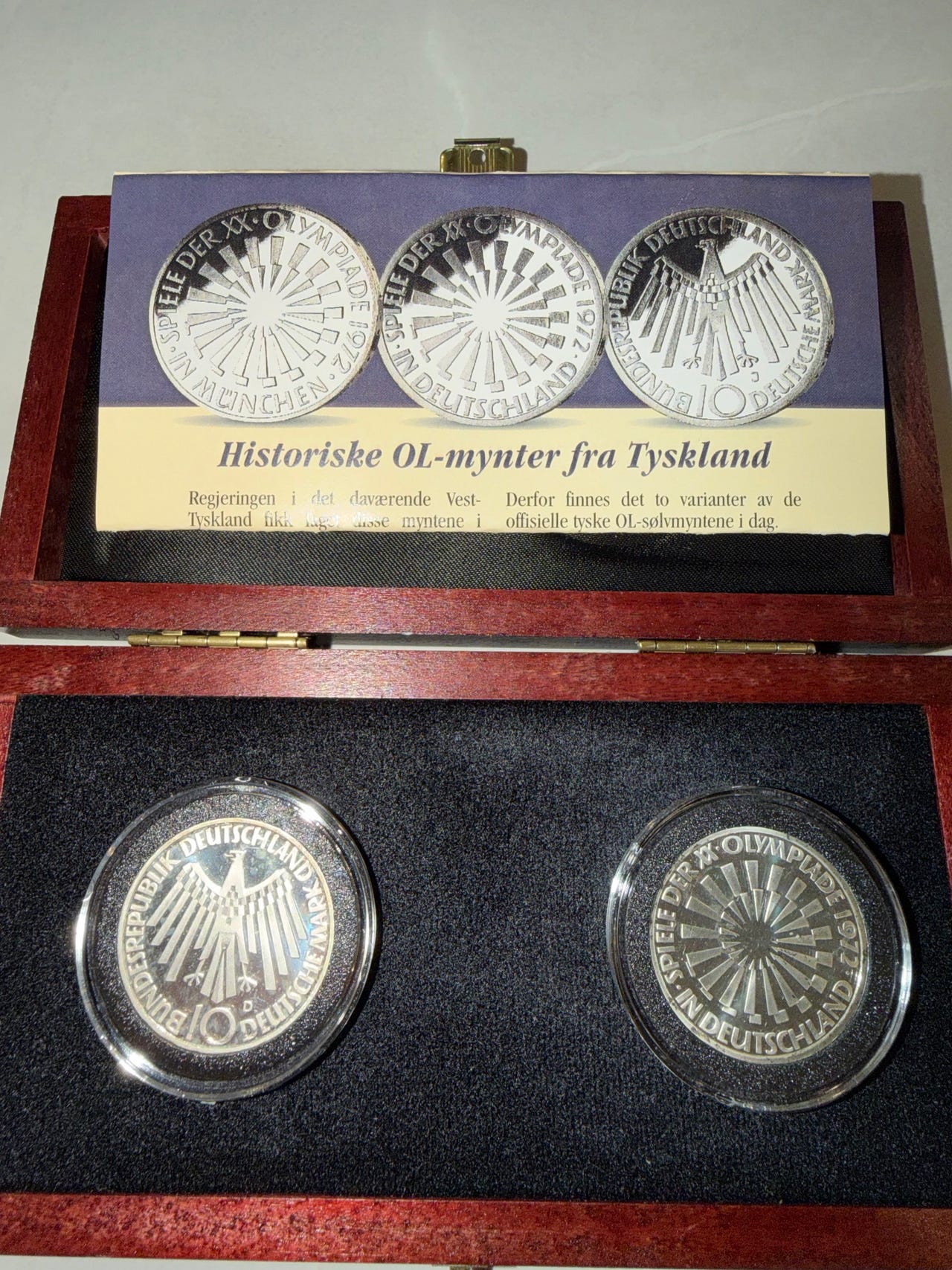 OL München 1972 – 2 stk 10 Mark sølvmynter – Proof – originalt sett