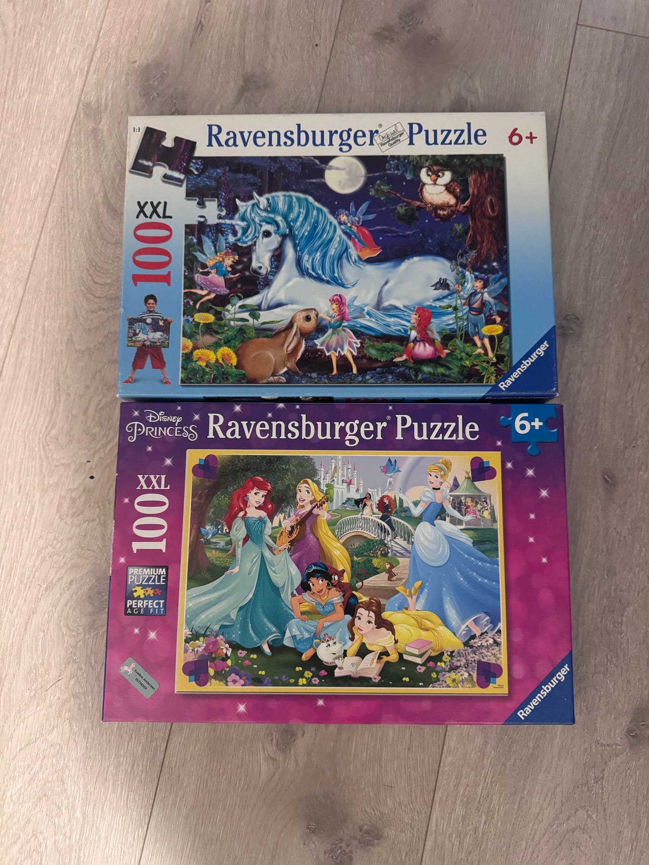 Ravensburger puslespill 100 brikker XXL enhjørning og Disney prinsesser
