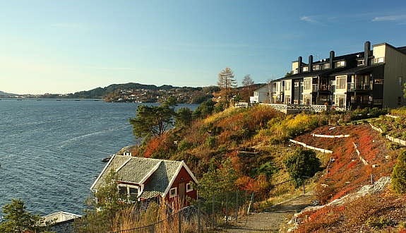 Veien ned til fellesområdet med to hytter, ett båtnøst og kaien. Galleribilde