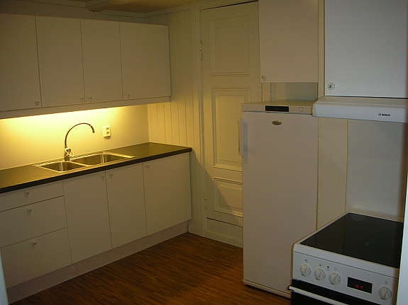 Kjøkken med komfyr og kjøleskap. Varme i gulv. Utsikt mot vest. Galleribilde