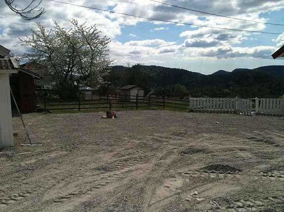 Gårdsplass , med hage og morelltre i bakgrunn. Galleribilde