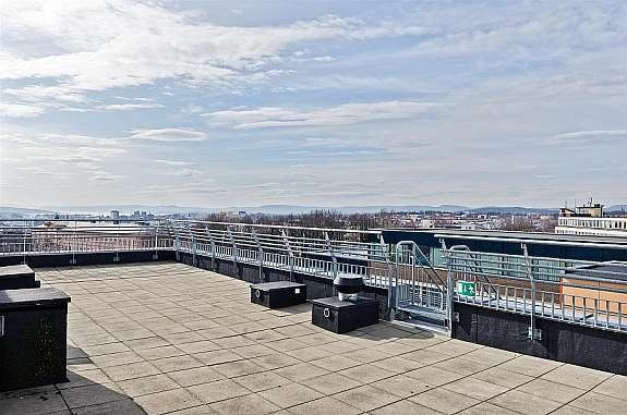 Felles takterrasse med fantastik utsikt over Oslo til fri benyttelse av blokkens beboere. Galleribilde