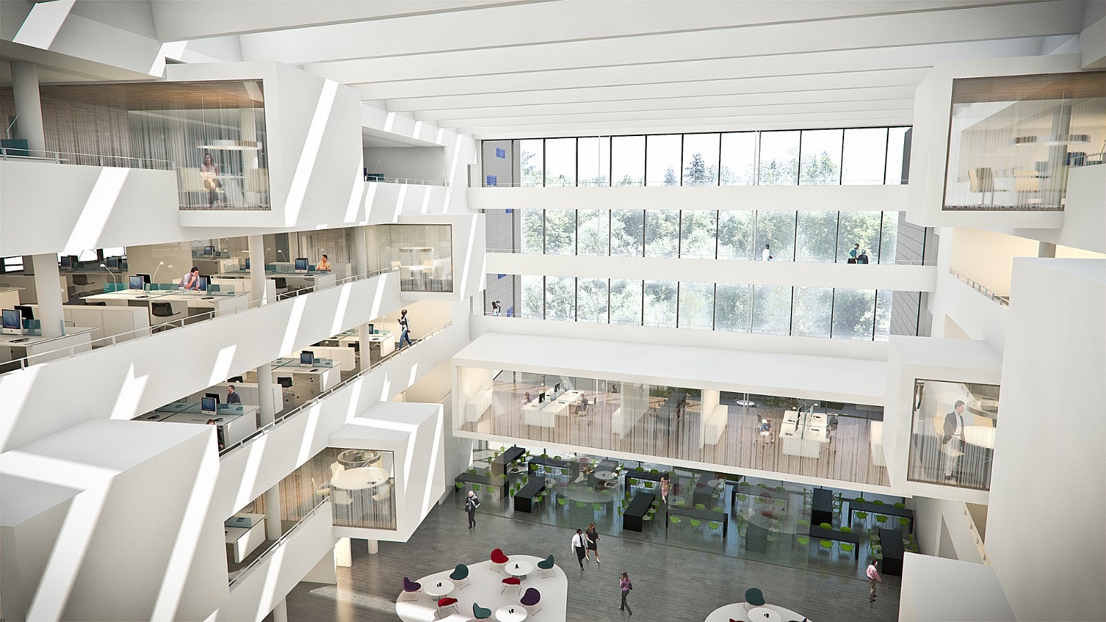 Lyst og flott atrium med spennende arkitektur og stor grad av åpenhet Galleribilde