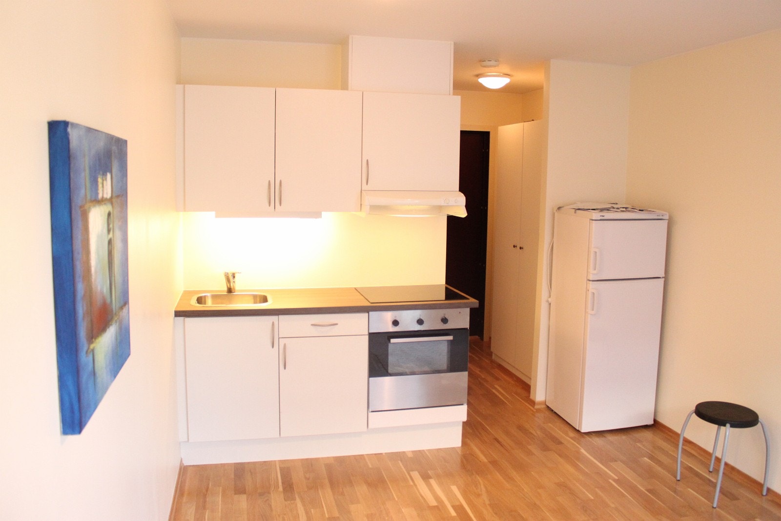 Flott kjøkken med ny integrert platetopp og stekeovn. Ny benkeplate. Galleribilde