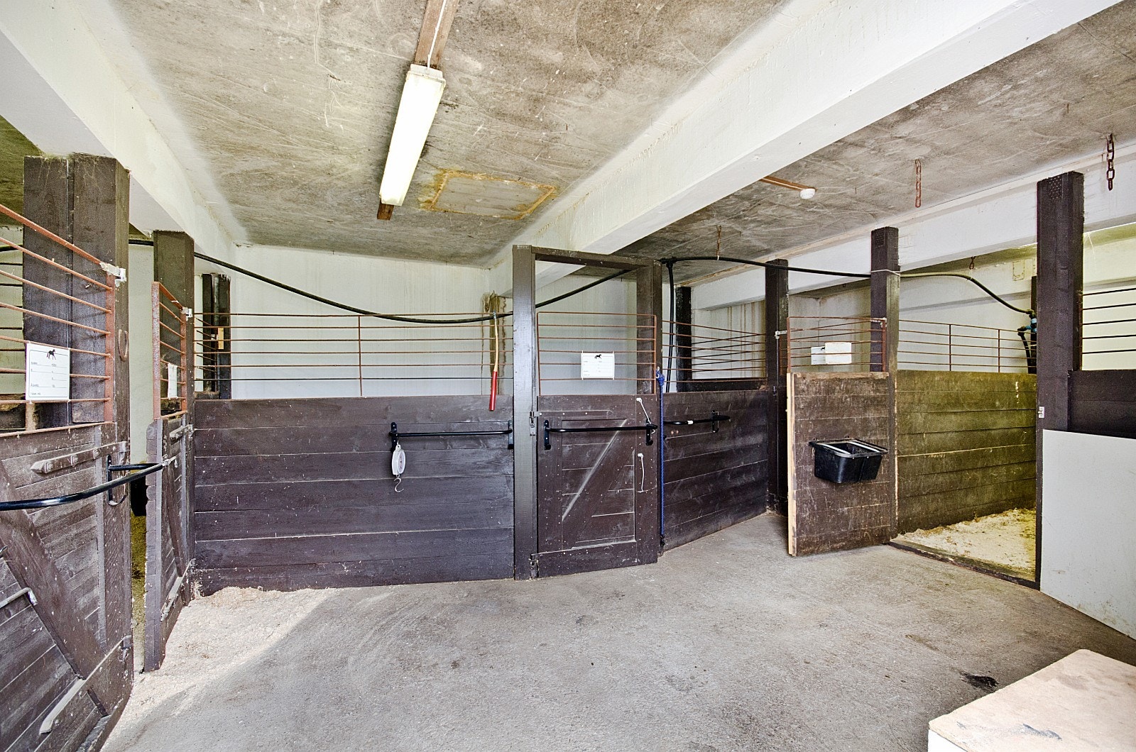 Fem bokser for hester i underetg. på driftsbygningen. Galleribilde