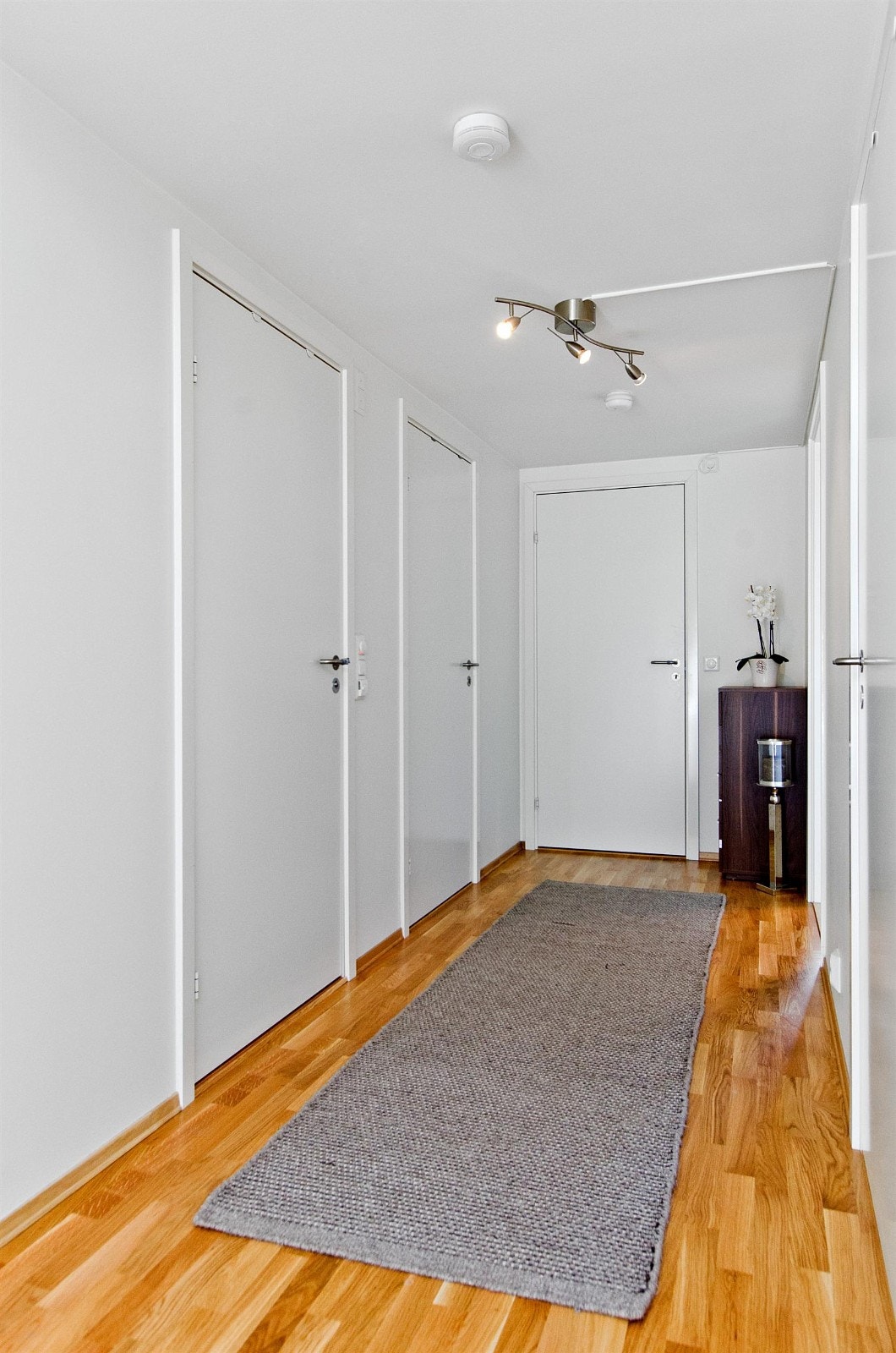 Romslig entré og gang med eikeparkett på gulv og lyse malte flater på vegger og i himling. Galleribilde