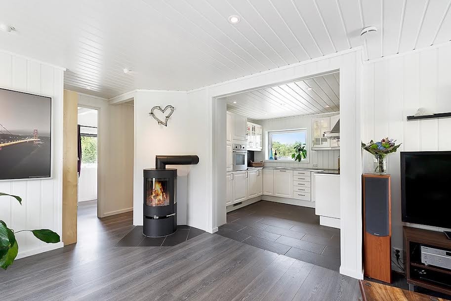 Stue / kjøkken. Peis. Soverom og bad inn til venstre i bilde Galleribilde