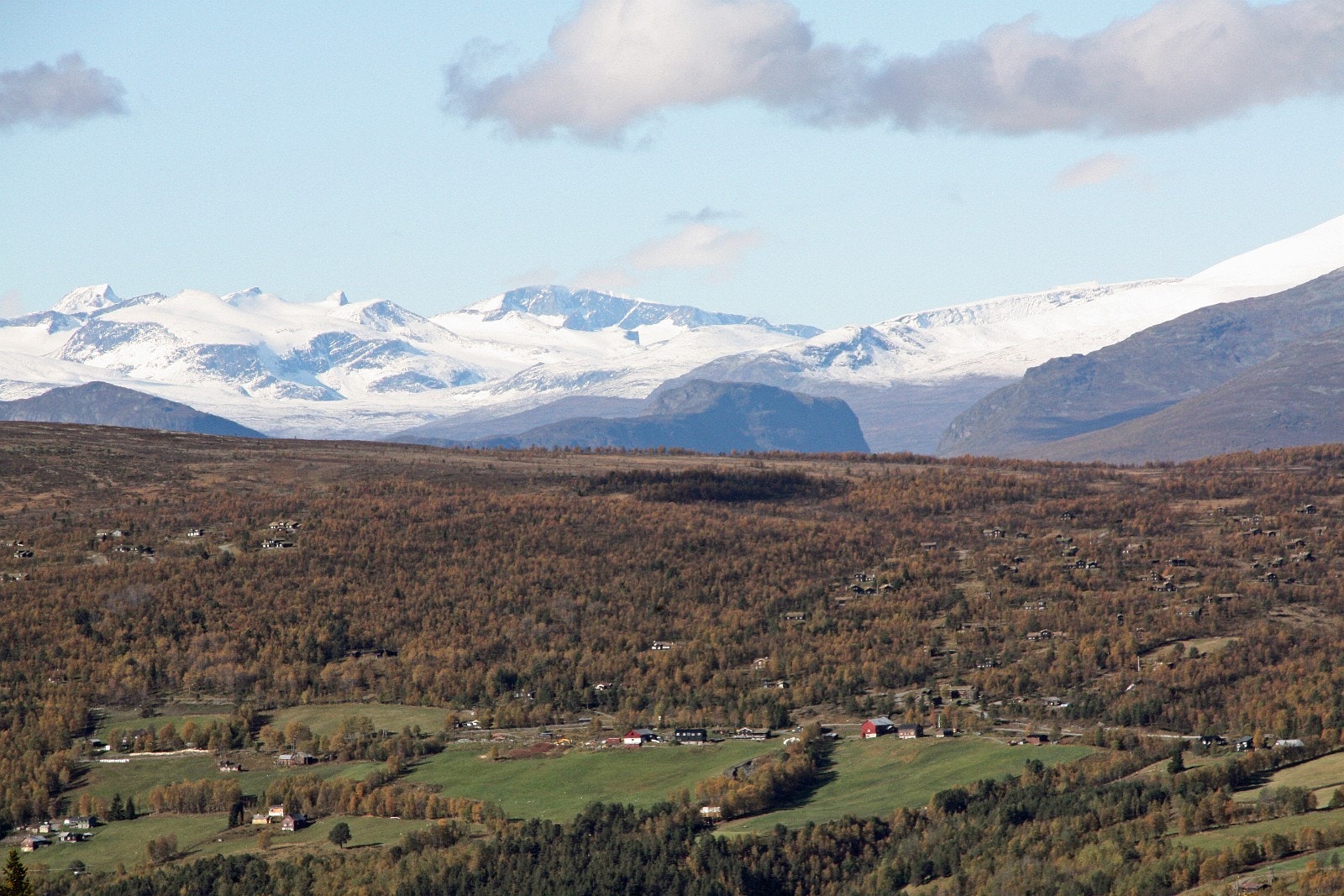 Skardfjellgrenda (t.v.) mot Jotunheimen. Over den hvite ryggen til høyre ligger Galdhøpiggen. Videre mot venstre; Veotindene og Memurutindene. Foto: Anne Mari Lo Galleribilde