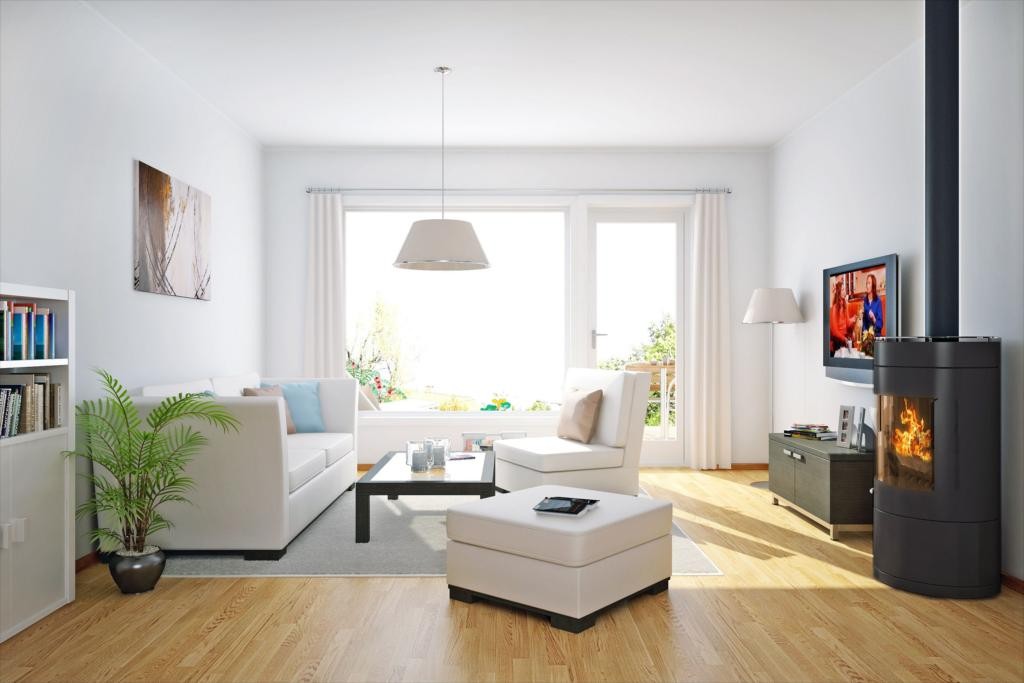 Dataanimert illustrajon av stue. Avvik kan forekomme. Galleribilde