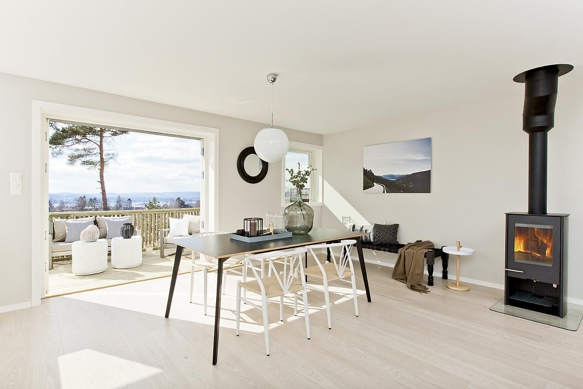 Stue med peis og utgang til terrasse Galleribilde