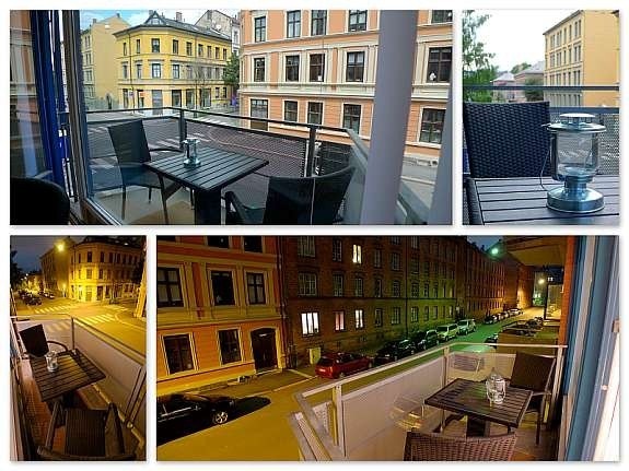 Romslig balkong med sittegruppe for to, adkomst direkte fra stue. Galleribilde