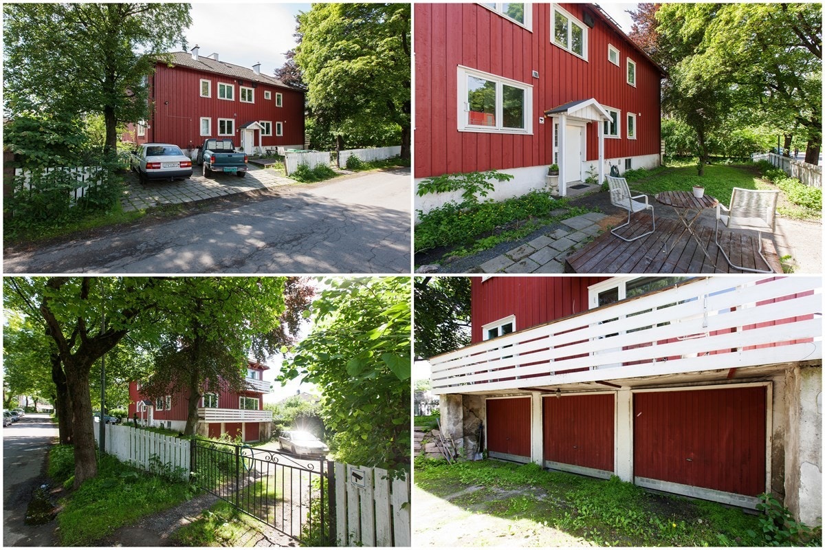 Gårdsplassen med parkering for 3 biler samt 3 stk. integrerte garasjeplasser under bygget. Galleribilde