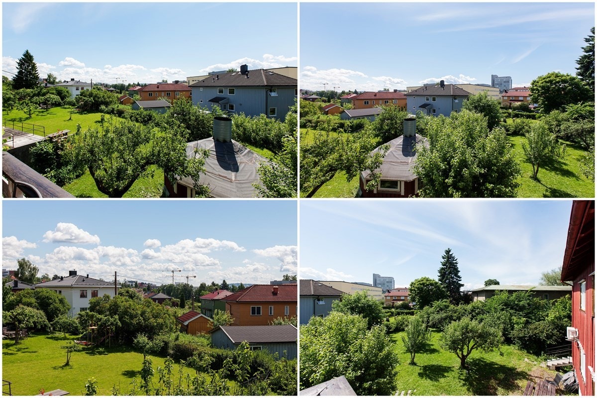 Utsikt fra balkong i 3-roms leilighet i 2 etg. Sol fra ca. kl 11.00 til 23.00. Galleribilde