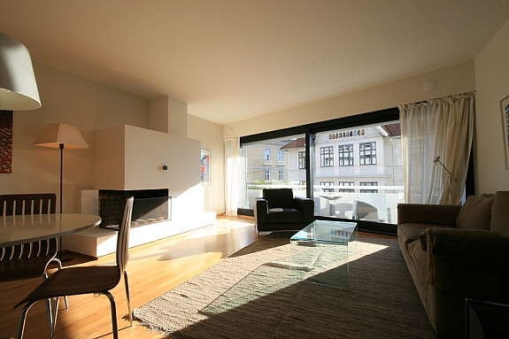 stue med peis og glassfasade mot balkong Galleribilde