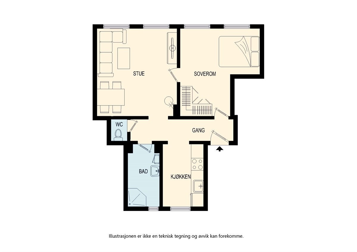 Romslig og gjennomgående 2-roms med separat kjøkken. Galleribilde