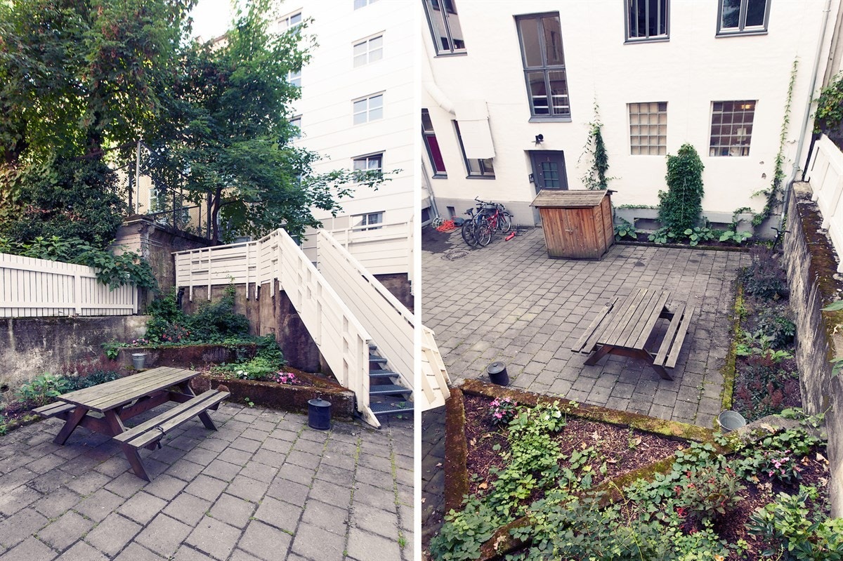 Bakgård med sittegrupper. Galleribilde