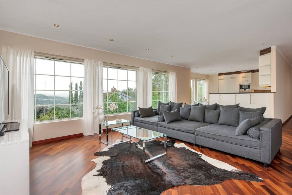 Romslig stue med store vinduer og pen utsikt. Galleribilde