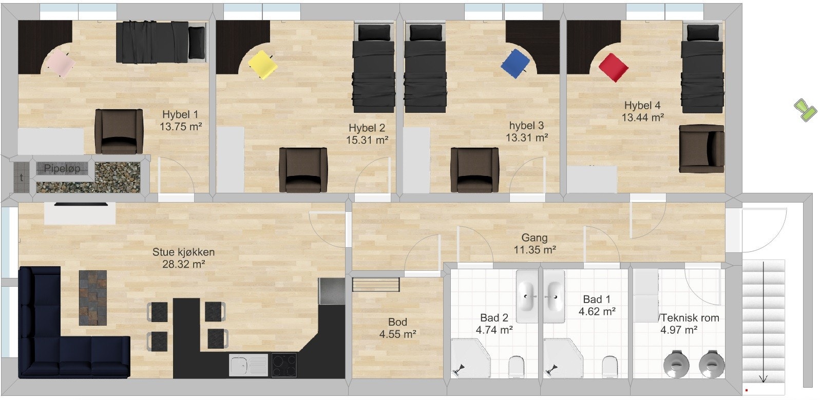 Planløsning. Hybel 2 og 3 er ledig Galleribilde