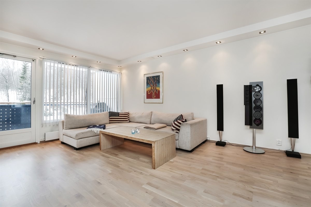 Stue med store vindusflater mot balkong Galleribilde