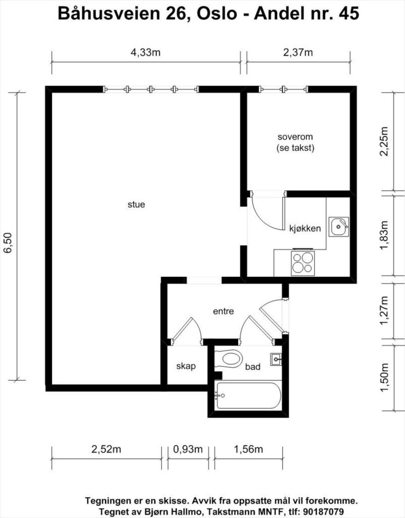 Plantegning med mål Båhusveien 26 - andel 45 Galleribilde