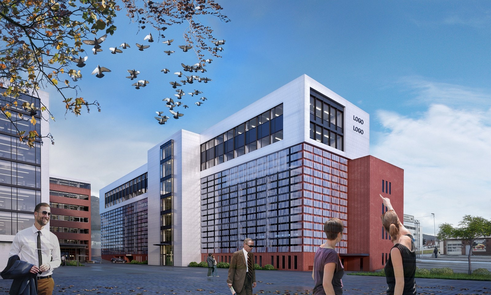 Illustrasjon fra gårdsrommet. Kontoretasjene vil ha en egen inngang som er adskilt fra parkeringsetasjene. Galleribilde