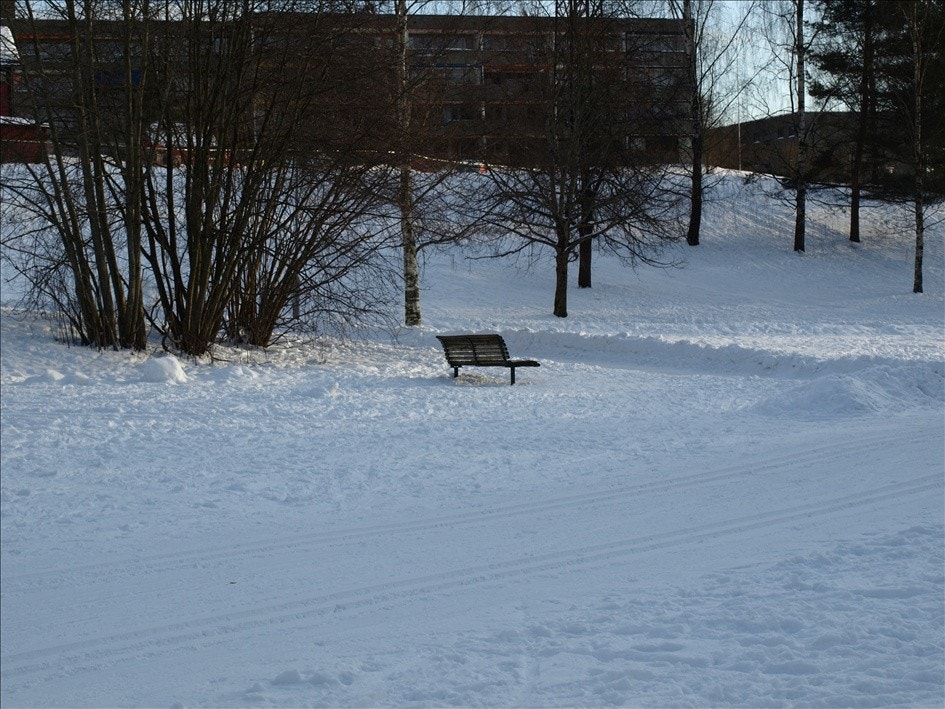 Skispor i Mærradalen med leiligheten i bakgrunnen Galleribilde